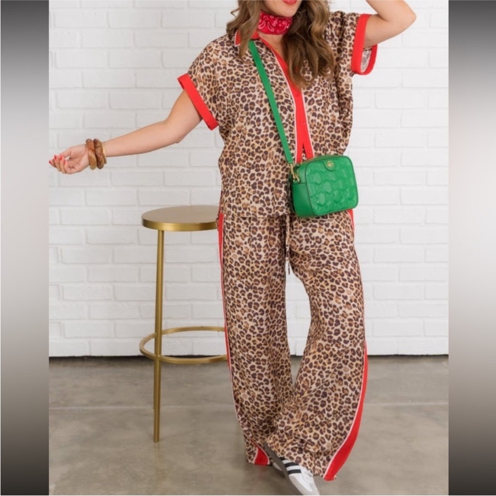 Vici Leopard Print Jumpsuit with Red and Green Accents- Medium Top/Small Bottom